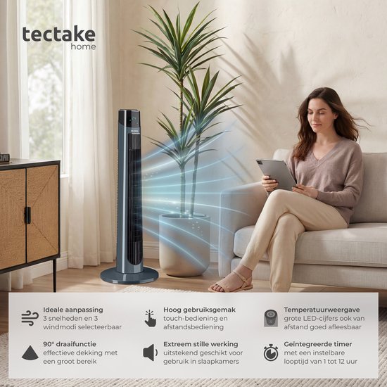 tectake® Torenventilator Arktis - Grote Staande Ventilator met Afstandsbediening - 3 Standen - Timer - 90° Zwenkfunctie - Oscilerend - Waaier - Kolomventilator - Antraciet