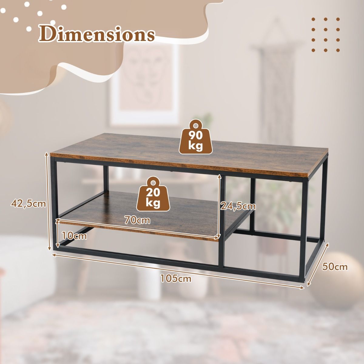 Coast Salontafel - rechthoekig - 2-laags opbergruimte - rustiek bruin en zwart - 105 x 50 x 42,5 cm