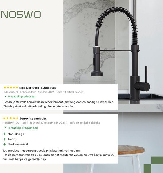 Noswo Keukenkraan met Uittrekbare Uitloop - Keukenmengkraan - Handdouche - Uittrekbaar - Flexibele Slang - Zwart