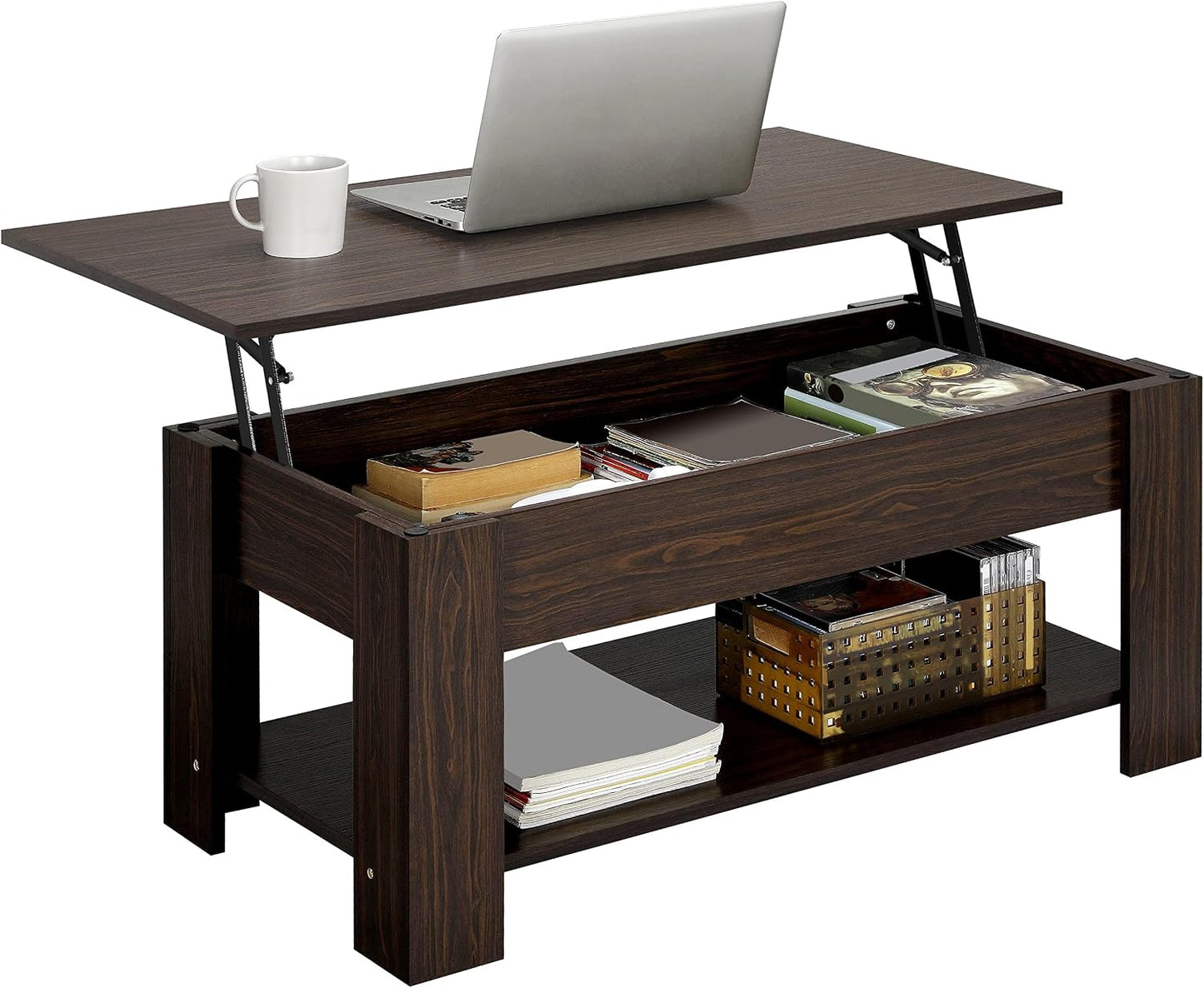 Yaheetech Salontafel 98 x 50 x 41,8 cm - Bruin - In Hoogte Verstelbaar - Uittrekbaar Tafelblad - Met Opbergruimte
