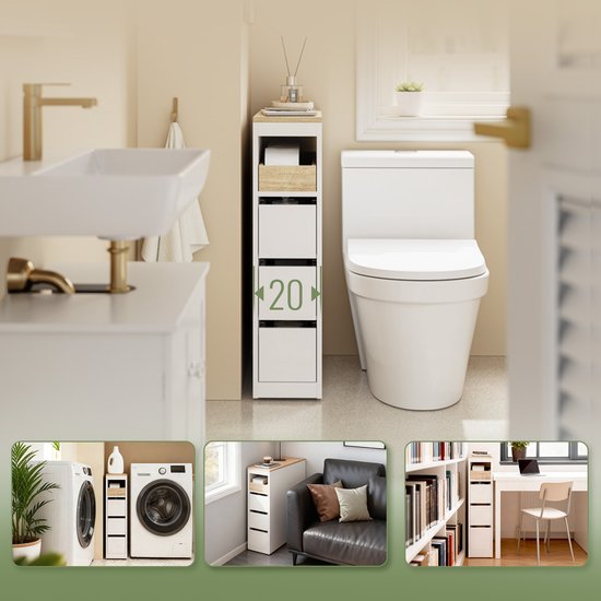 SoBuy Toiletkast 20 cm, badkamerkast met 3 laden, kleine toiletpapierkast, mobiele plank voor badkamer, toilet en keuken, wit, 60 x 20 x 82,3 cm