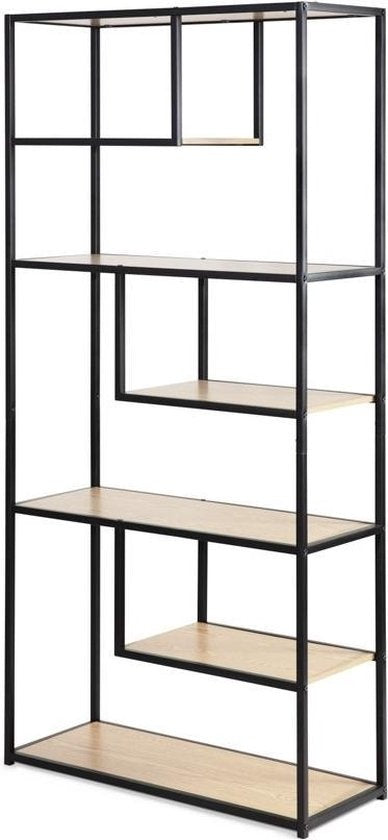 LIFA LIVING Open Wandkast - Opbergkast - Boekenkast - Industrieel - Zwart - Hout & Metaal - 82 x 34 x 175 cm