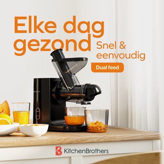 KitchenBrothers Slowjuicer - Juicer - Groenten en Fruitpers - 43 mm en 60 mm invoer - 400 ml - Zwart