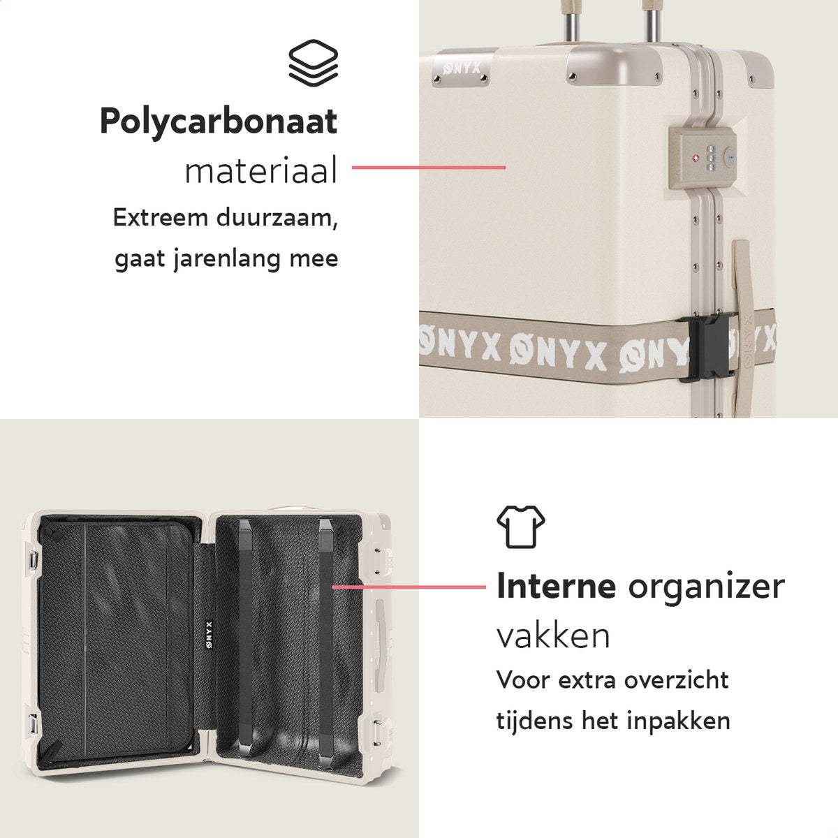 ONYX 3-delige Kofferset - Handbagage en Check-in koffer - 33L/65L/100 L - TSA slot - Spinner wielen - Lichtgewicht Trolley - Aluminium sluiting - Beige