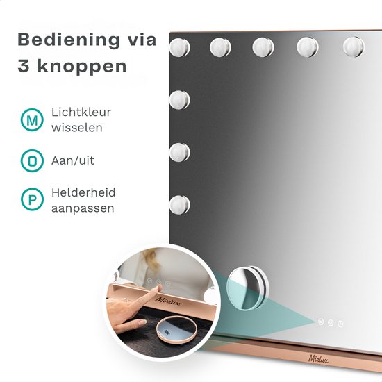 Mirlux Hollywood Spiegel 80x60CM - 2 Bluetooth Speakers - USB & USB-C oplaadpoorten - LED Verlichting - Make Up Spiegel - 10x Zoom - Ophangbaar - Rosé Goud