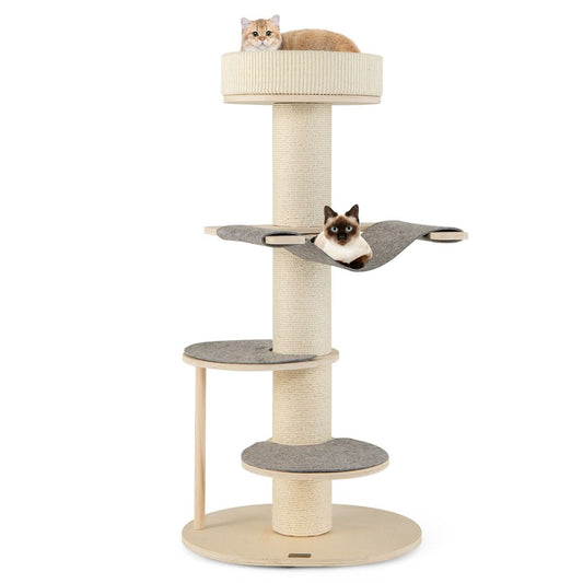 Coast Krabpaal voor Binnenkatten 120 cm - Houten Kattentoren met Dikke Sisal Krabpalen, Hangmat en Verwijderbare Kussens - Grijs