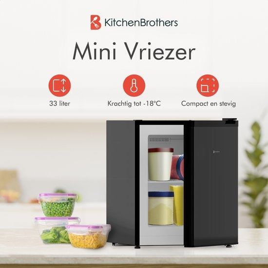KitchenBrothers Mini Vriezer - 33L - Kleine Diepvries - Vrijstaand - Compact - Zwart