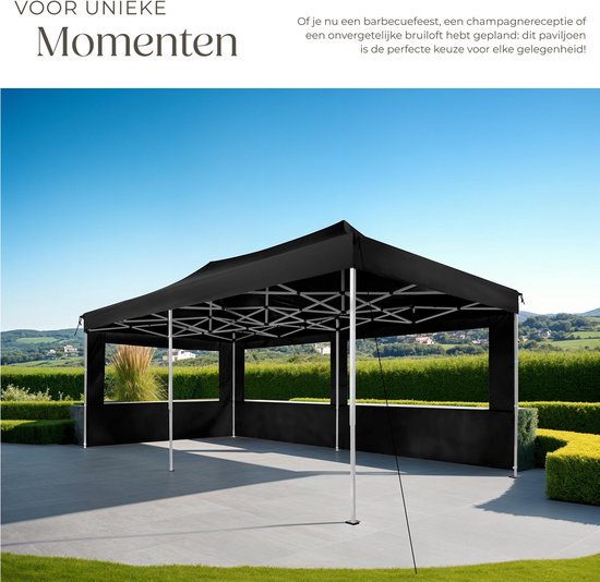 tectake® Vouwpaviljoen - Opvouwbaar en waterdicht - Tuinpaviljoen met 4 zijpanelen - Incl. haringen, scheerlijnen en tas - Terrasoverkapping, partytent - 6x3m - Zwart