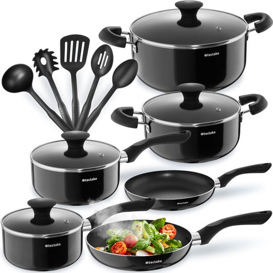 tectake® Pannenset 15-delig - Aluminium met glazen deksels - Inclusief keukengerei - Zwart