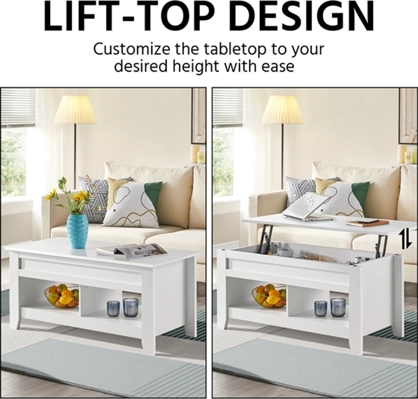 Yaheetech Salontafel Met Lift-Top Functie – Voorzien Van Verborgen Opbergruimte En Twee Open Planken En Veermechanisme – Voor Woonkamer En Kleine Ruimtes – Wit Mdf En Metaal – 104,5 x 49,5 x 49-61,5 cm