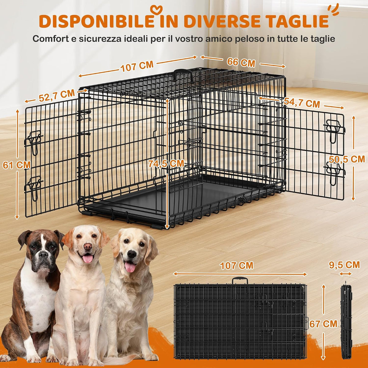 Yaheetech Hondenbench Opvouwbaar - Zwart - 107 x 60 x 66 cm - Met Verdeler, Dubbele Deur