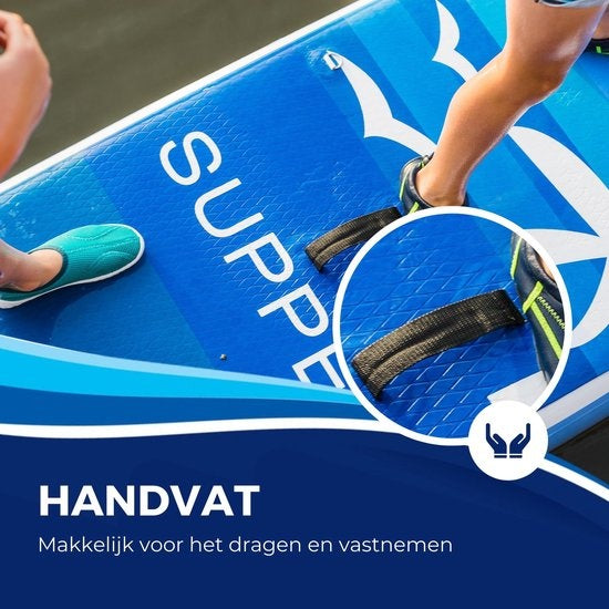 Supper Sup Board XL - Max. 180KG - Opblaasbaar – Verstelbare Peddel – Waterdicht Telefoonhoesje – Zitje – Pomp – Vin – Leash – Draagtas – 335 x 81 cm