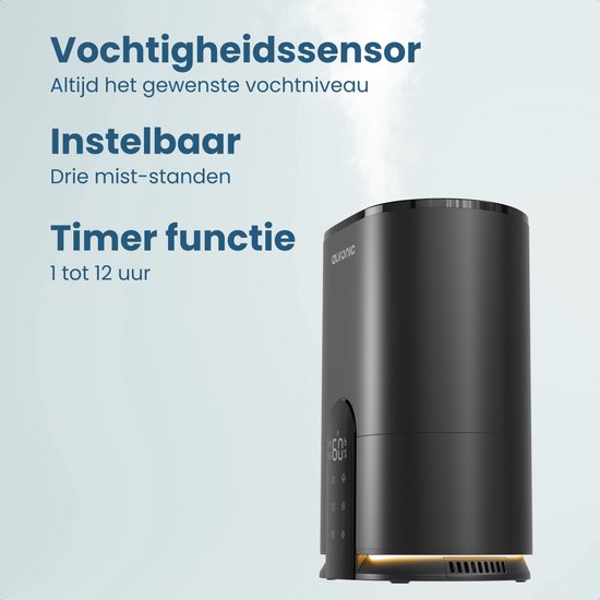 Auronic Luchtbevochtiger - 4 Liter - 40m2 - Geschikt voor Woonkamer, Kantoor, Slaapkamer, Babykamer en Meer - Met Aromatherapie - BPA-Vrij - Zwart