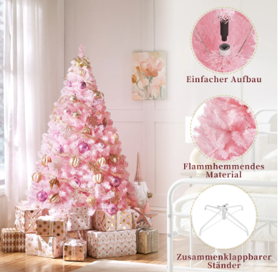 Yaheetech Kunstkerstboom 154 cm - Roze - 398 Takken - Opvouwbare Standaard