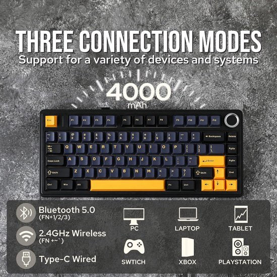 AULA F75 - Draadloze Gaming Toetsenbord - Mechanisch - Gasket - Hot Swap - QWERTY Toetsenborden - Tri mode - 80 Keys - Donder zwart