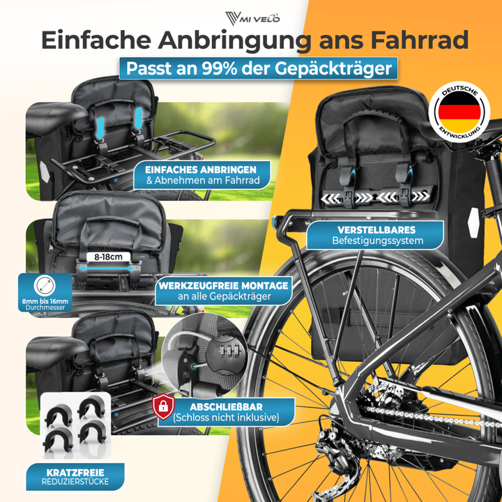 Mivelo LINO 3-in-1 fietstas en rugzak - 20 liter - Zwart