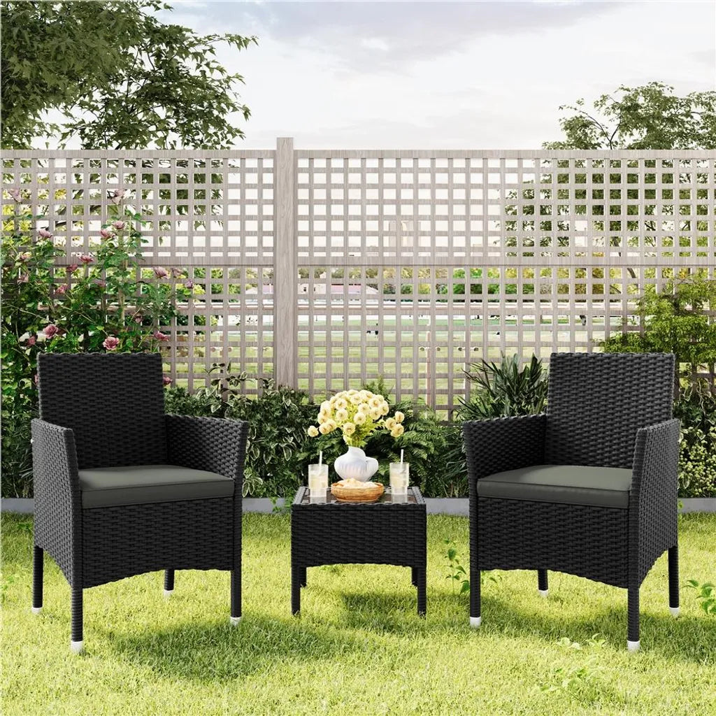 Yaheetech Set van 2 Tuinstoelen 58 x 58 x 84 cm - Zwart/Grijs - Polyrattan Tuinstoelen met Zit- en Rugkussens