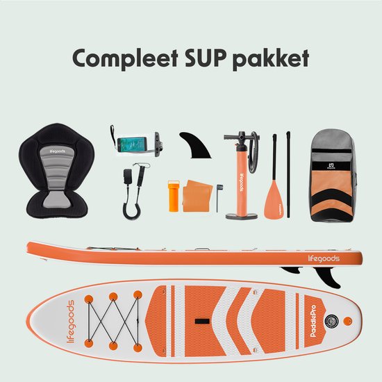 LifeGoods PaddlePro SUP Board - met Zitje - Opblaasbaar Paddle Board - Complete Set - Max. 135KG - 320x81cm - Wit/Oranje