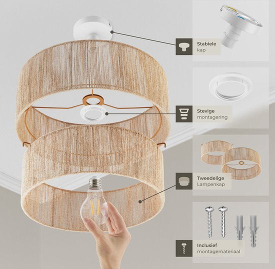 tectake® Plafondlamp Boho stijl- Hanglamp met lampenkap van jute - 40W