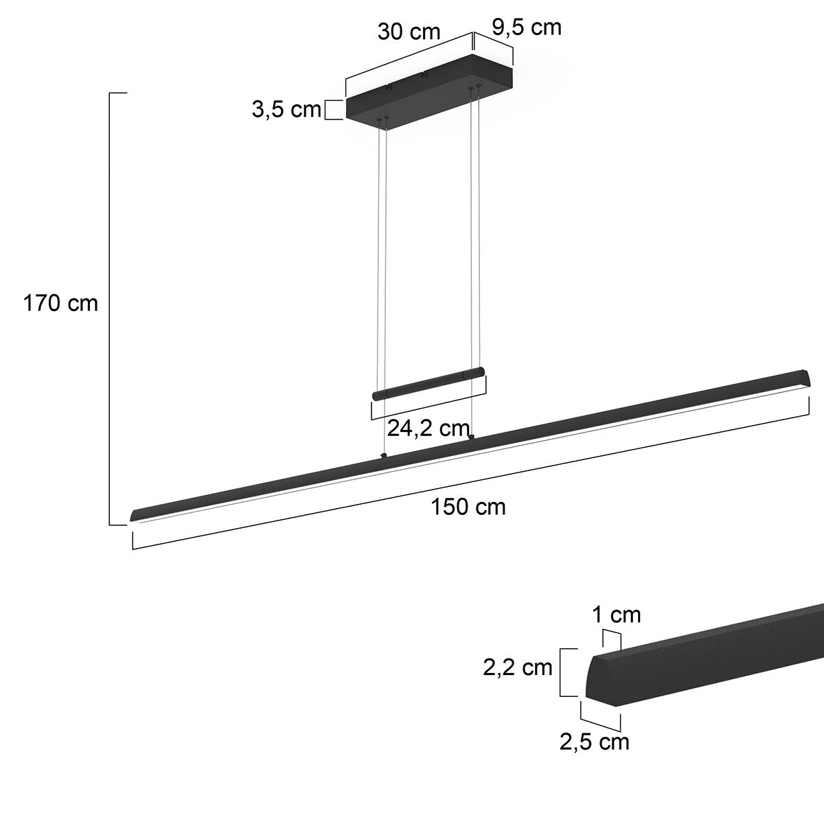 Hanglamp Profilo 3318ZW Zwart 150 cm breed Hoogteinstelbaar van Steinhauer van metaal, kunststof en elektronica