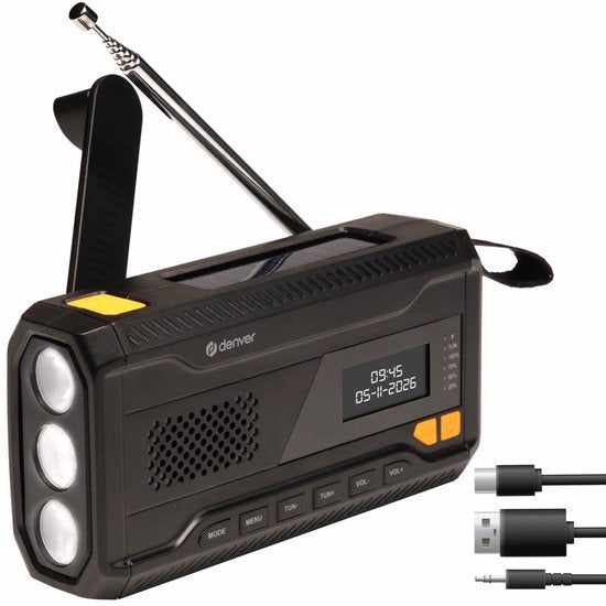 Denver Noodradio - Powerbank Zonneenergie - DAB & FM Radio - Noodpakket - Zaklamp - Opwindbaar - SOS Licht - Solar powerbank - SCD2033