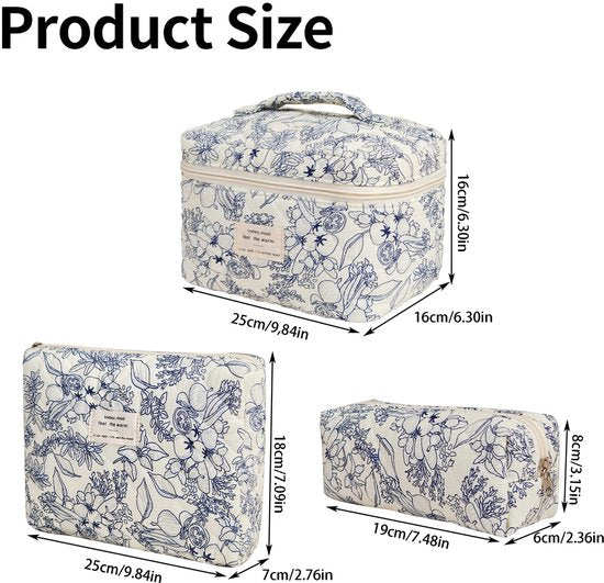 SC Travel Essentials - 3-delige Make-up Tas Set - Eco-vriendelijk Katoen - Gewatteerde Gebloemde Organizers - Ruim, Duurzaam en Ideaal voor Reizen