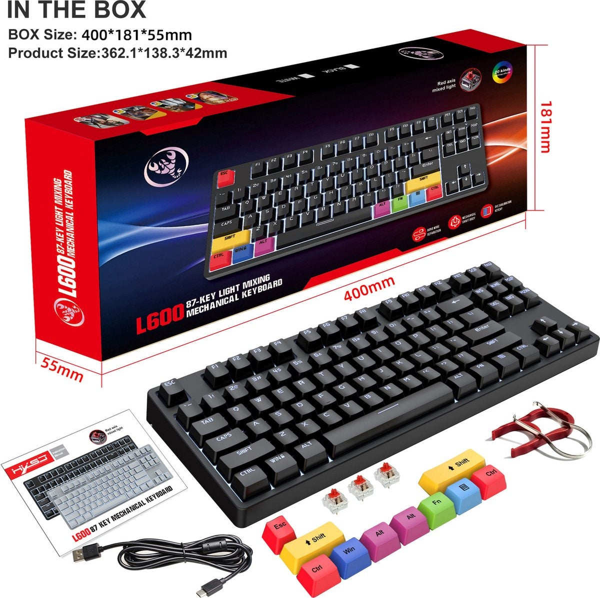 HXSJ L600 Bedraad Mechanisch Gaming Toetsenbord - QWERTY - 87 Toetsen - Rode Schakelaar - Zwart