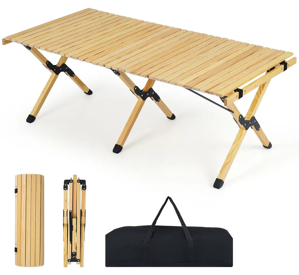 Coast Opvouwbare Campingtafel 122 × 60 × 45 cm – Houten Picknicktafel voor 4-6 Personen met Oprolbaar Tafelblad & Draagtas – Naturel