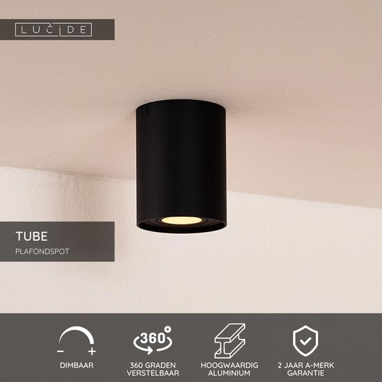 Lucide TUBE - Plafondspot (Plafondlamp) - Ø 9,6 cm - 1xGU10 - Zwart