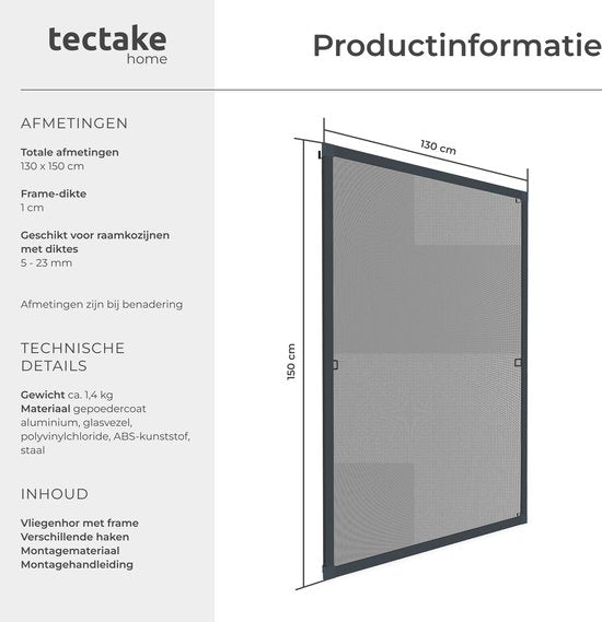 tectake® Inzethor - Raamhor - 130 x 150 cm - Voor Raamkozijnen, op maat verstelbaar zonder boren en schroeven - Muggengaas - Antraciet