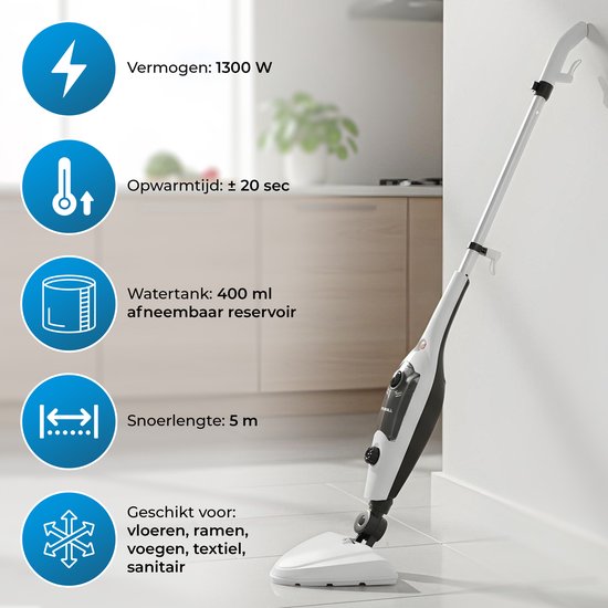 Powell Stoomreiniger - Handstoomreiniger - 2 in 1 - Tapijtreiniger - Stoomreiniger Vloer - Inclusief 10 opzetstukken - 240 V - 1300 W - Zwart/Wit