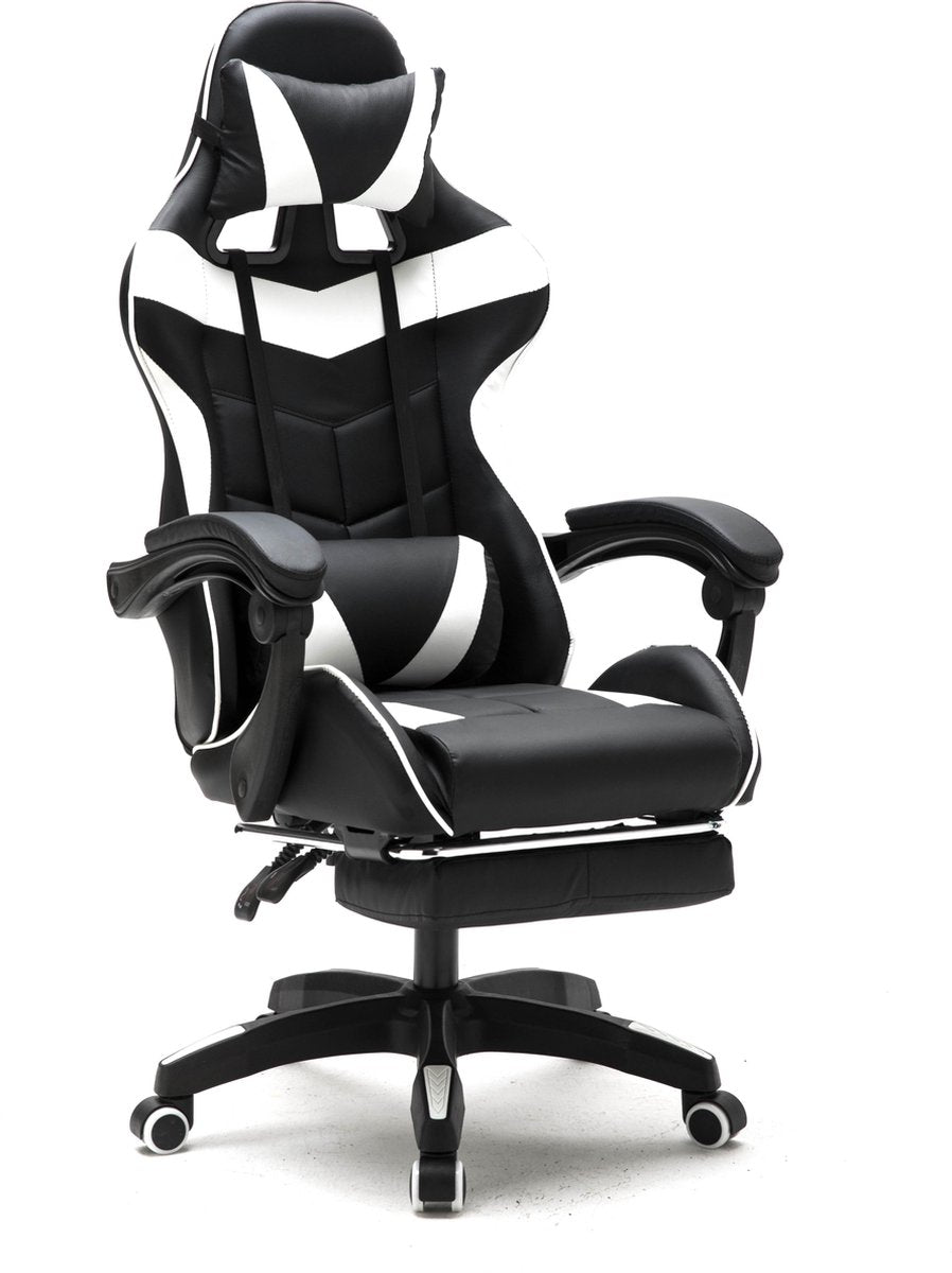 VDD Gamestoel - Uitschuifbaar - Max. 110kg - Incl. Nekkussen - 128 x 63 x 50cm - Zwart & Wit