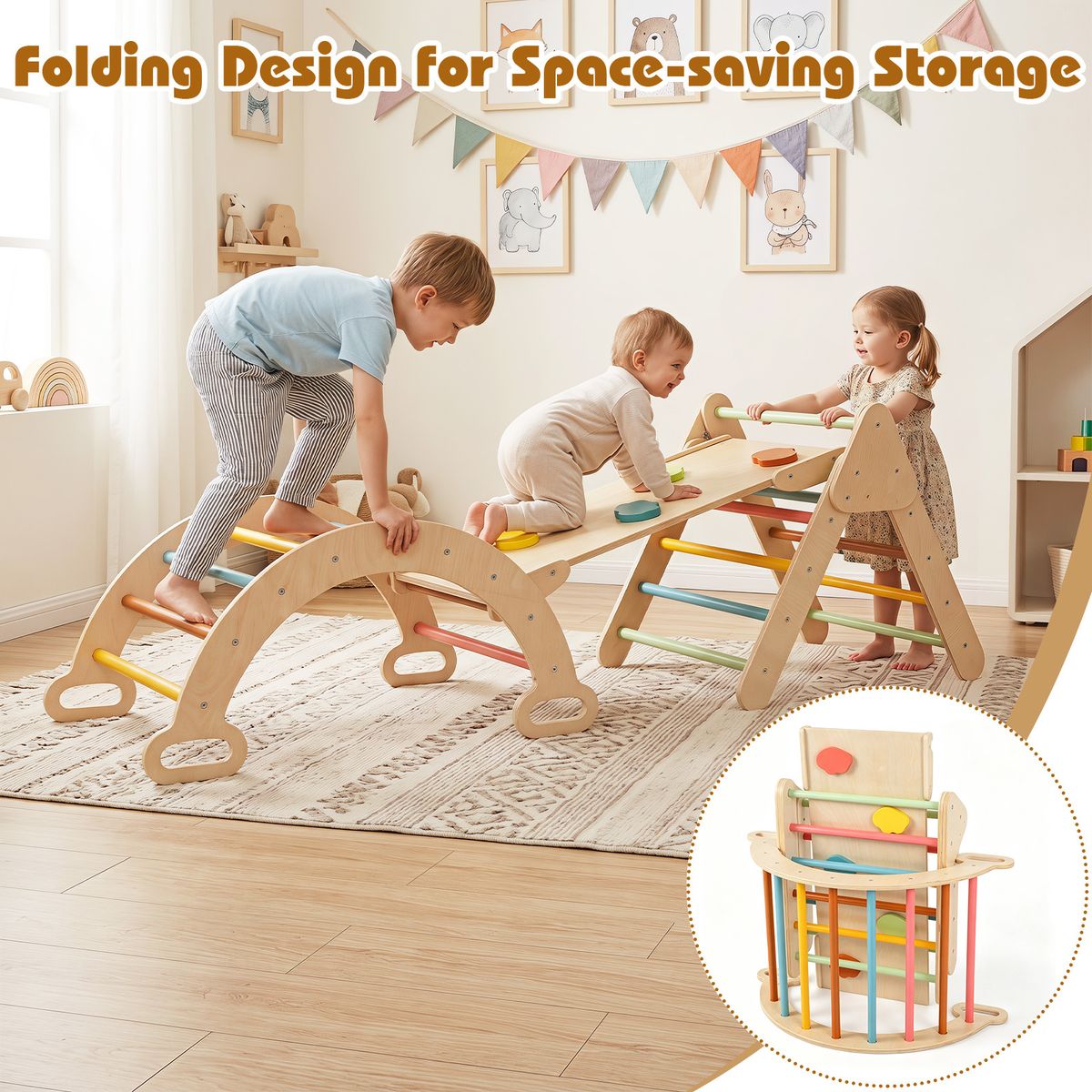 Coast Montessori klimset van hout - 3-in-1 speelset met klimdriehoek, klimboog en helling - kleurrijk