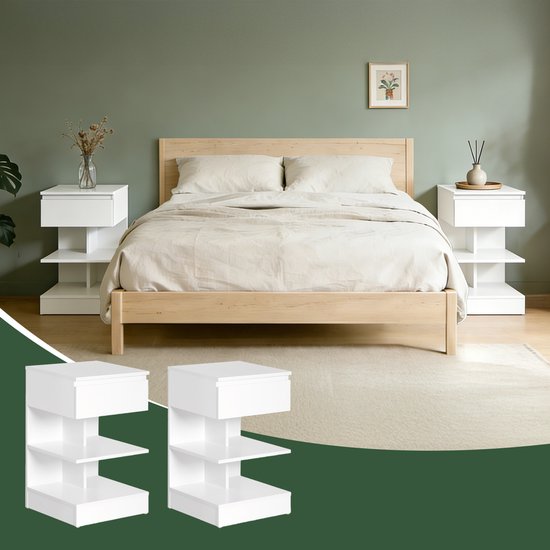 SoBuy Lot de 2 Bijzettafel, Nachtkastje met 1 Lade & 3 Legplanken, Scandinavisch Design Salontafel voor Woonkamer of Slaapkamer, Wit, 39x65x39cm, FBT49-Wx2
