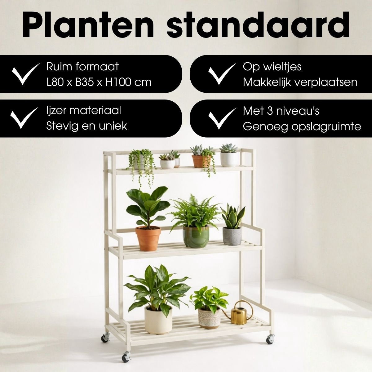 Mica Decorations Greenrax Plantenrek op Wielen - Meerdere Plateaus - 80 x 35 x 100 cm - Gebroken Wit