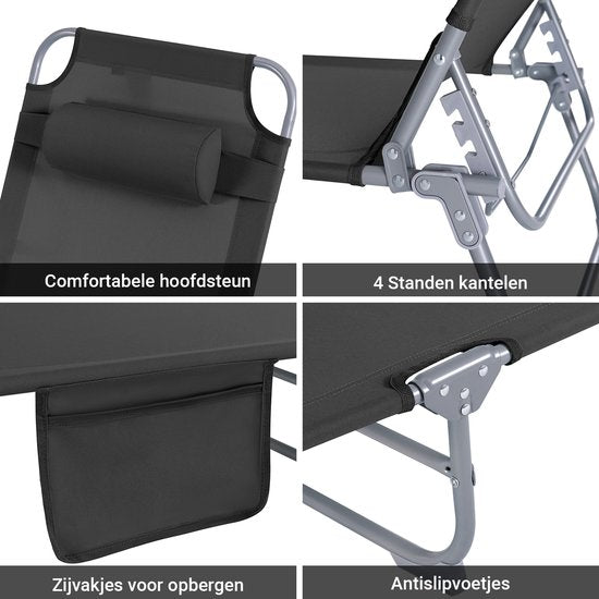 SoBuy Opvouwbare Ligstoel, Verstelbare Tuinligstoel met Hoofdsteun en Opbergzak, Ergonomische Relaxstoel voor Buiten,Tuin, Balkon en Terras, Zwart, OGS35-SCH