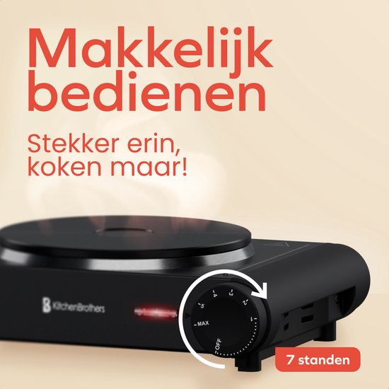 KitchenBrothers Elektrische Kookplaat - 1 Pits - Vrijstaand - 7 temperatuurstanden - 1500W - Zwart