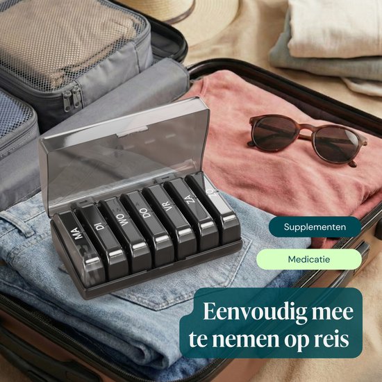Gandria Pillendoos 7 Dagen 2 Vakken - Nederlandstalig - Medicijndoosje met Stevige Sluiting - Uitneembare Pillendoosjes voor Onderweg - Zwart