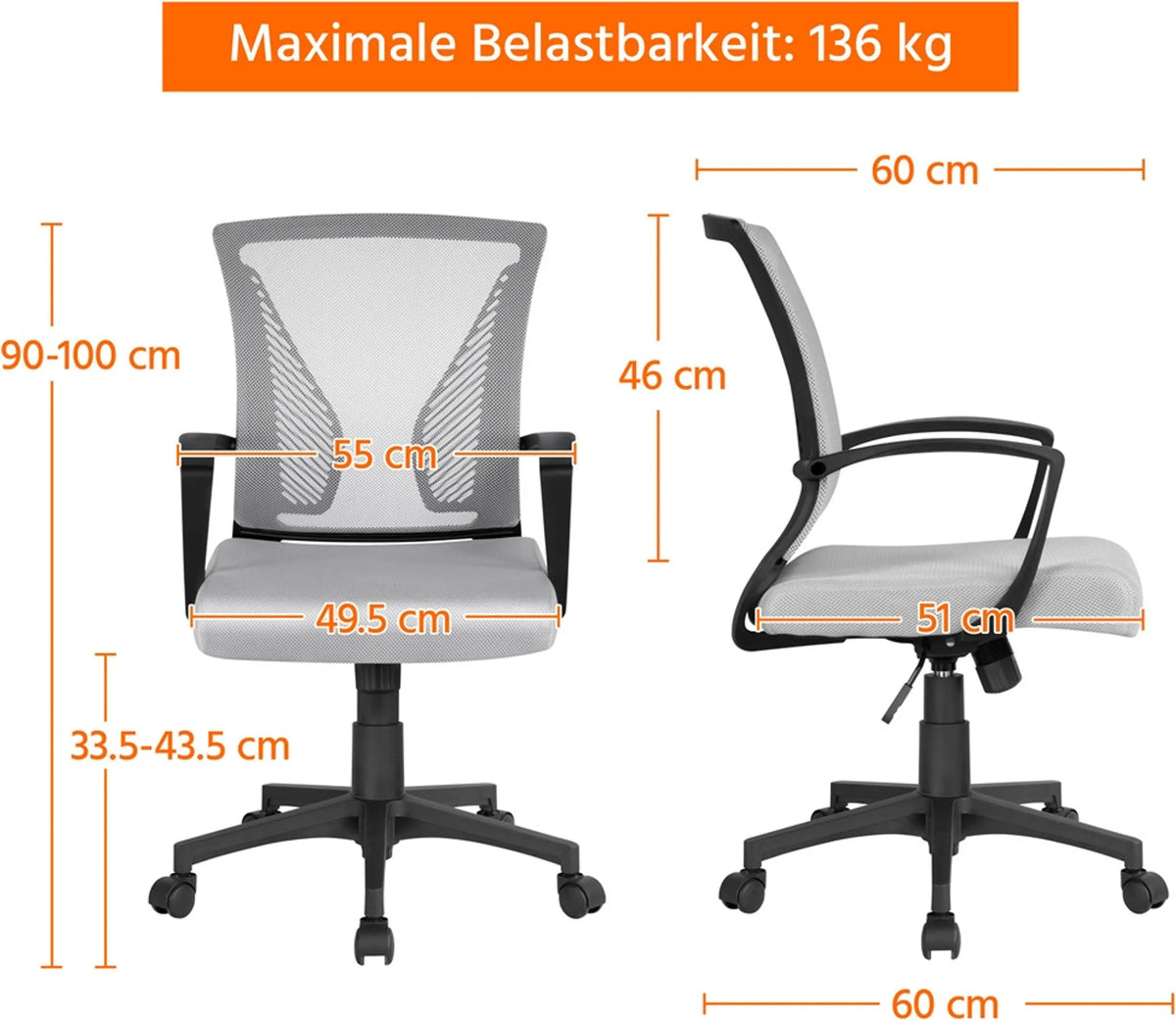 Yaheetech Bureaustoel Ergonomisch – Voorzien Van Ademende Meshstof En Schommelfunctie En Verstelbare Zithoogte – Voor Kantoor En Studeerkamer – Grijs Nylon En Metaal – 60 x 60 x 91-100,5 cm