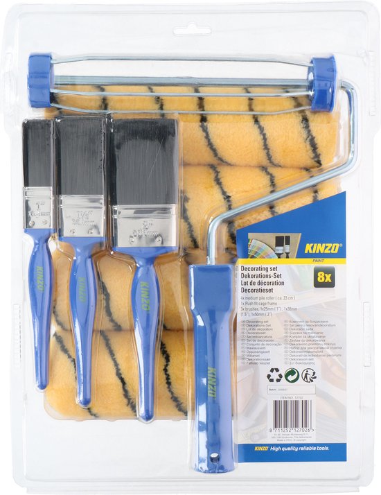 Kinzo 8-delige Verfrollerset - 1 Beugel - 4 Rollers - 3 Kwasten