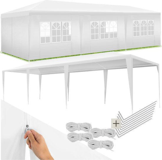 tectake® Paviljoen Miramas - Partytent 9x3 m - Wit - 8 verwijderbare Zijpanelen - UV en Waterbestendige Tuinpaviljoen - Inclusief Spanlijnen en Haringen - Overkapping