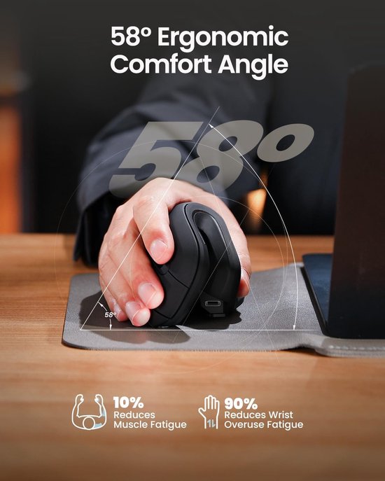 Ergonomische Verticale Muis – Draadloze Ergonomische Muis – Bluetooth & 2.4 GHz – USB-C Oplaadbaar – Voor 3 Apparaten – Instelbare DPI – Stil – Zwart (Rechtshandig)