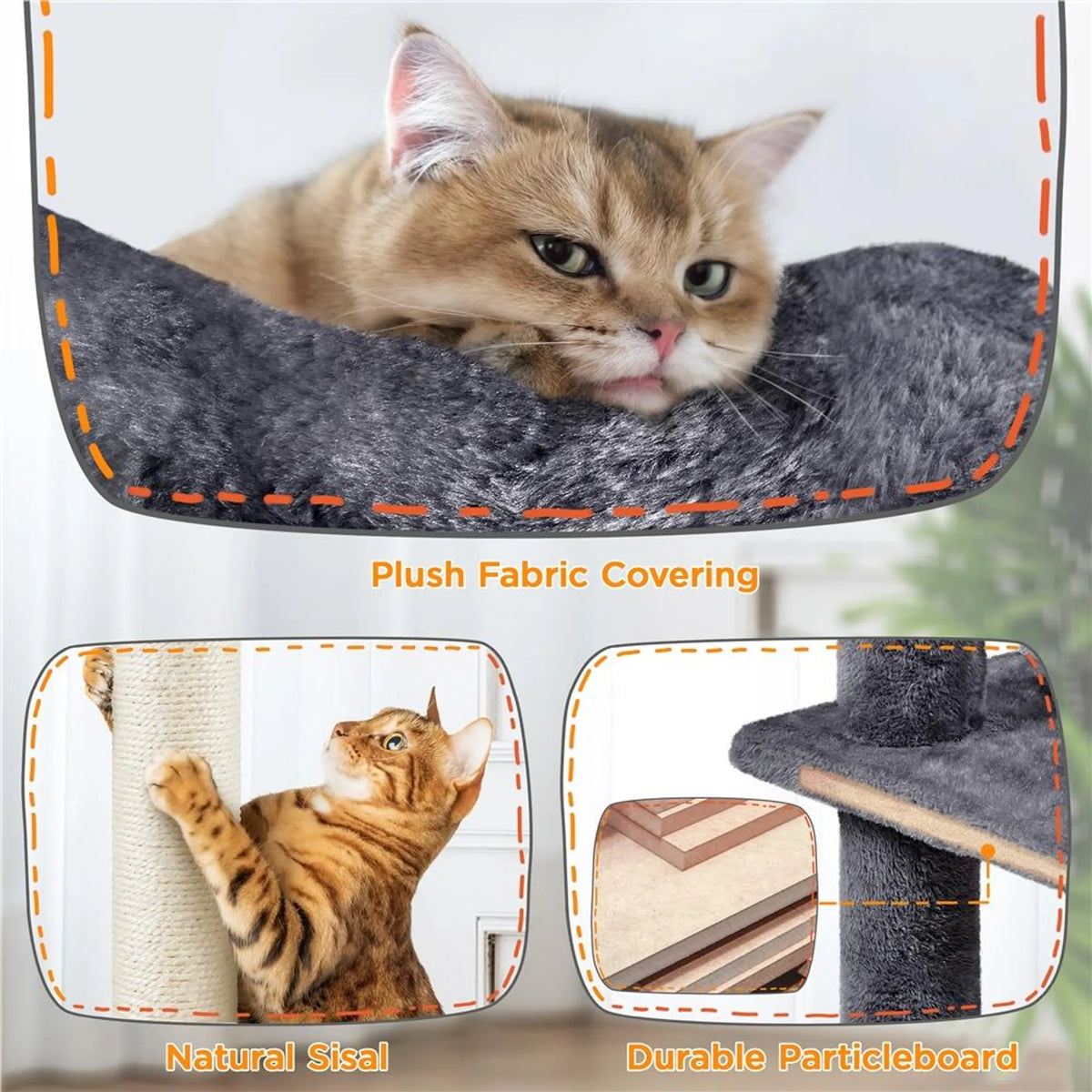 Yaheetech Krabpaal XXL Met Twee Kattenmanden – Voorzien Van Klimhelling En Ligkussen In Kattenoorvorm En Hangende Speelballen – Voor Huishoudens Met Meerdere Katten – Donkergrijs Pluche En Sisal – 59,5 x 55 x 202,5 cm