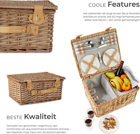 tectake® Picknickmand Set Terschelling – 21-delig – Luxe Picknickset 2 Pers. – Inclusief Koelvak & Bestek