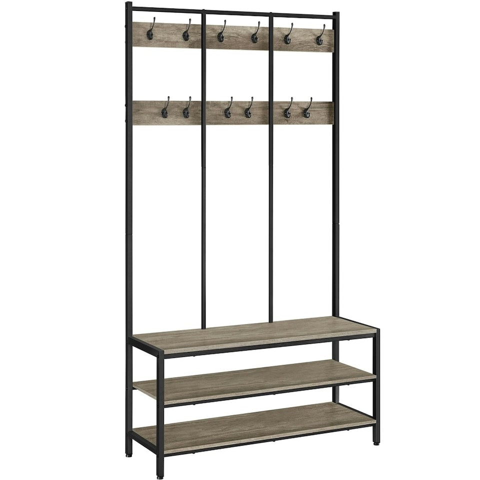 Yaheetech Industriële Kapstok met Schoenenrek en Bankje 100 x 35 x 185 cm - Grijs - Halmeubel met 24 Haken
