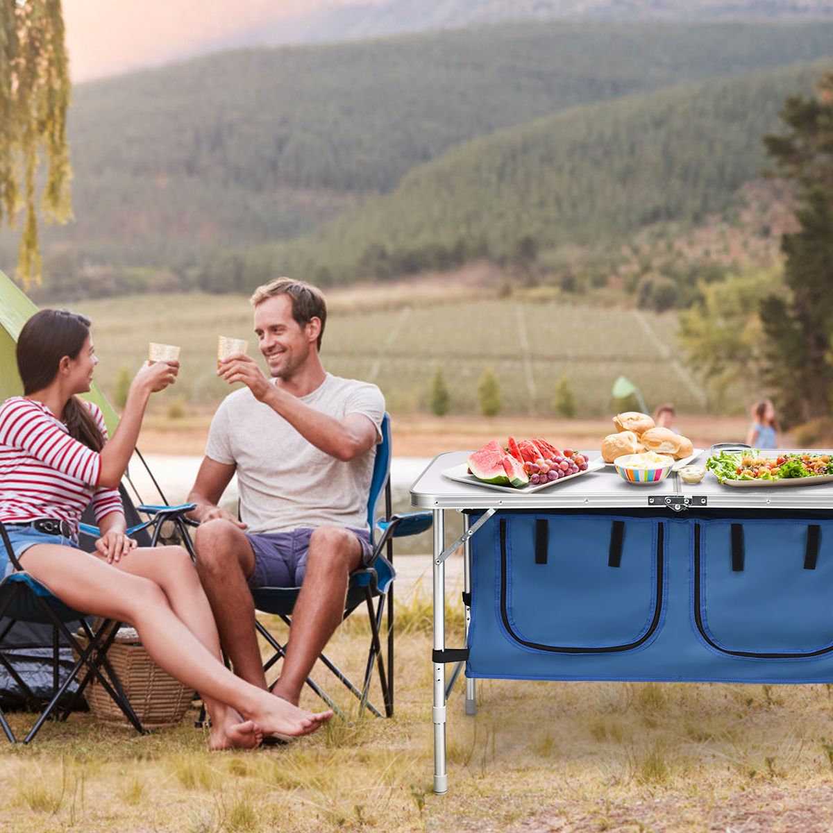 Coast Campingtafel met opbergruimte - verstelbare hoogte - opvouwbaar - donkerblauw 120 x 60 cm