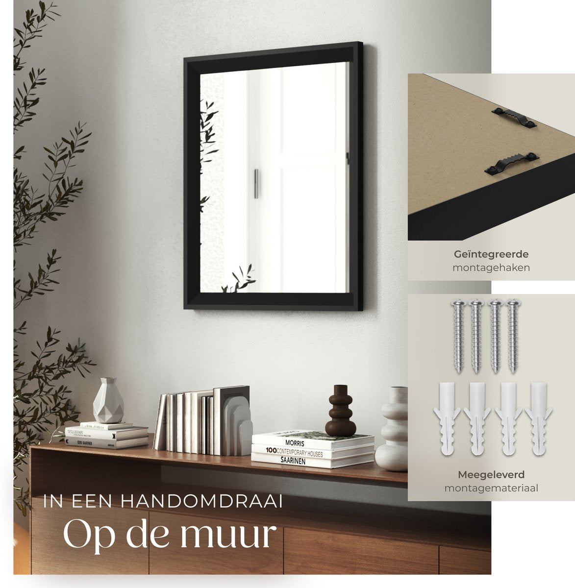 tectake® Wandspiegel Elina - 40,6 x 50,8 cm - Zwart - Rechthoekig Kunststoflijst