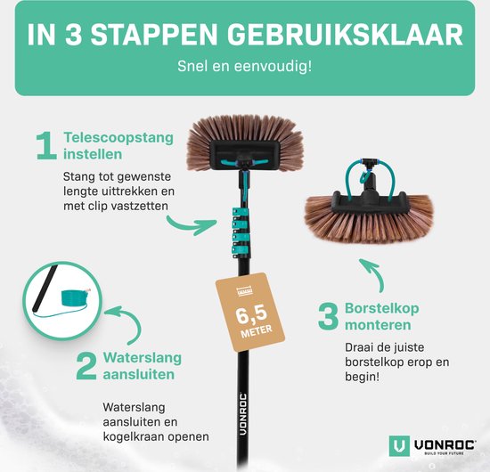 VONROC Telescopische wasborstel – 6,50m - Incl. Borstelkop, raamreiniger, waterslang en zeepdispenser