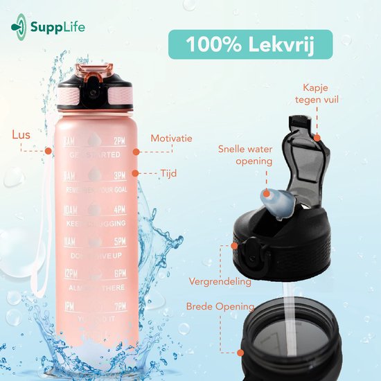 Supplife Bidon - 1 Liter - met Rietje - Motivatie - Sportbidon - BPA Vrij - Rose Goud