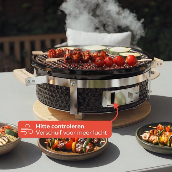 KitchenBrothers Kamado Hibachi Grill - Houtskool Barbecue - Shichirin Tafelgrill - PFAS-vrij - Ronde BBQ - Keramische Barbecue - Zwart